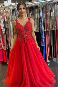 A-Line  V Neck Open Back Red Lace Long Prom Dress, Evening Dress GRD013