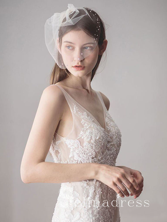 Vintage-Inspired Birdcage Veils with Tiny Crystals Blusher Veil ALC004
