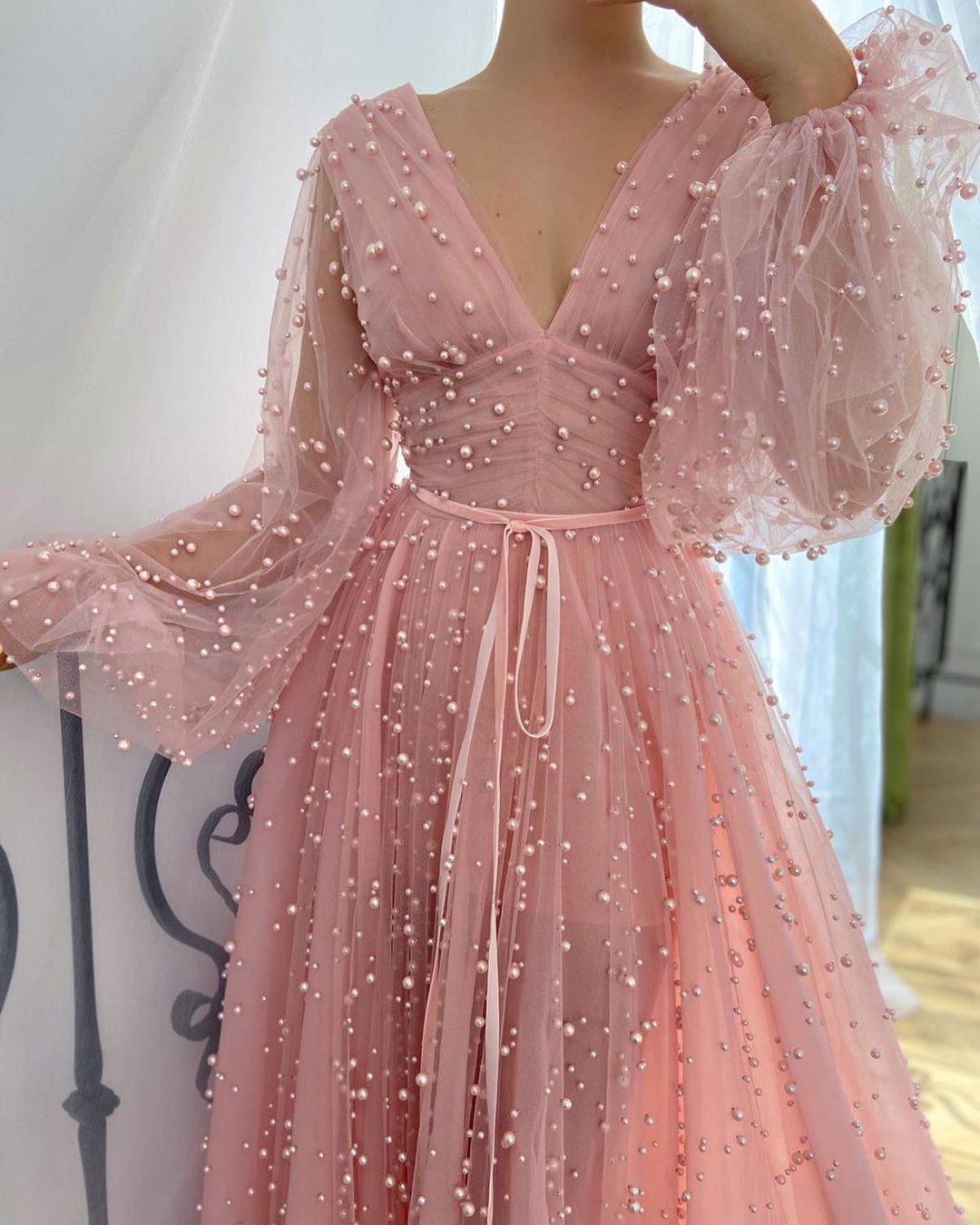 Chic A-line Long Sleeve V Neck Prom Dress Pink Evening Dress ASSD025 SELINADRESS Chic A-line Long Sleeve V Neck Prom Dress Pink Evening Dress ASSD025 SELINADRESS
