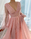 Chic A-line Long Sleeve V Neck Prom Dress Pink Evening Dress ASSD025|Selinadress