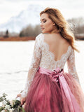 A-line V neck Boho Wedding Dress With Long Sleeve Rustic Lace Wedding Dresses SEW040