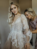 V neck Long Sleeve Rustic Wedding Dresses Champagne Bridal Gowns SEW071