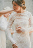 Sheath/Column Ivory Wedding Dress With Long Sleeve Lace Wedding Gowns SEW025|Selinadress