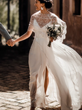 Two Piece Lace Chiffon Convertible Beach Wedding Dresses SEW075