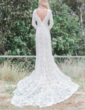 Mermaid V neck Long Sleeve Wedding Dresses Rustic Lace Wedding Gowns SEW037|Selinadress