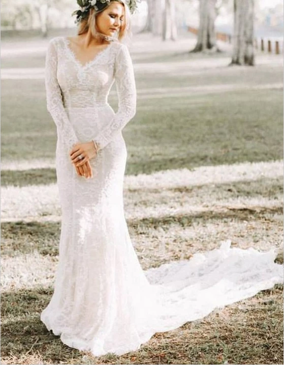 Mermaid V neck Long Sleeve Wedding Dresses Rustic Lace Wedding Gowns SEW037|Selinadress