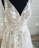 V Neck A-line Soft Tulle Lace Appliques Romantic Wedding Dress SED361