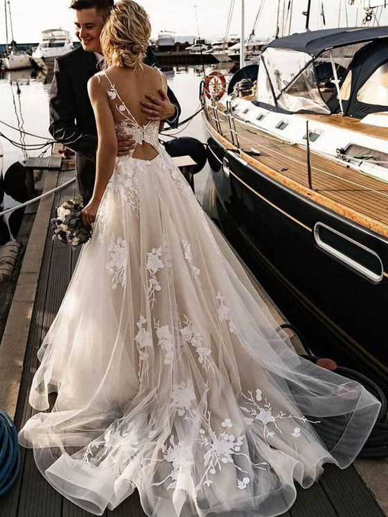 A Line Floral Appliques Beach Wedding Dresses Backless Tulle Wedding G – SELINADRESS