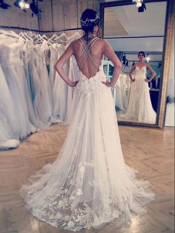 A Line Spaghetti Straps Applique Lace Wedding Dresses SED355