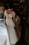 A Line Bateau Long Sleeve Rustic Lace Wedding Dresses SED357