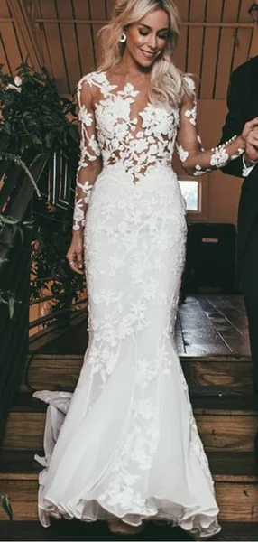 Trumpet/Mermaid Long Sleeve Lace Rustic Wedding Dresses With Applique SELINADRESS Trumpet/Mermaid Long Sleeve Lace Rustic Wedding Dresses With Applique SELINADRESS