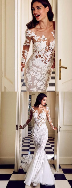 Trumpet/Mermaid Long Sleeve Lace Rustic Wedding Dresses With Applique SELINADRESS Trumpet/Mermaid Long Sleeve Lace Rustic Wedding Dresses With Applique SELINADRESS