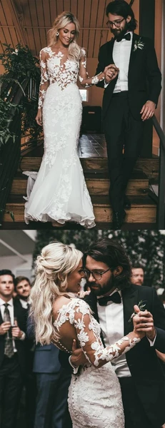 trumpet mermaid long sleeve wedding dress Trumpet/Mermaid Bateau Lace Full/Long Sleeve Sweep Train Wedding Dress S3064W - Wedding Dresses