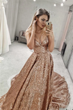 A-line Sparkly Straps V Neck Long Prom Dresses Sequin Evening Dress SED509|Selinadress