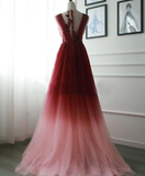 A-line V neck Burgundy Long Prom Dresses Lace Evening Dress SED510|Selinadress
