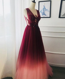 A-line V neck Burgundy Long Prom Dresses Lace Evening Dress SED510|Selinadress
