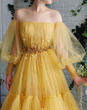 A-line Off-the-shoulder Yellow Tulle Long Prom Dresses Evening Dress SED567|Selinadress