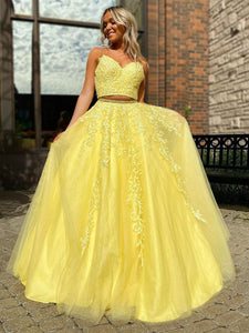 A-line Two Pieces Yellow Long Prom Dresses Beading Evening Dress SED508|Selinadress