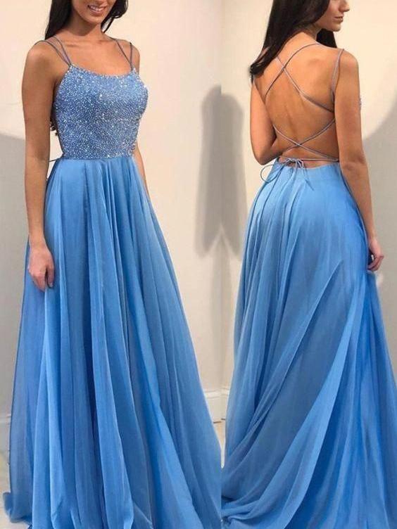A-line Spaghetti Straps Blue Long Prom Dresses Beading Evening Dress SED509|Selinadress