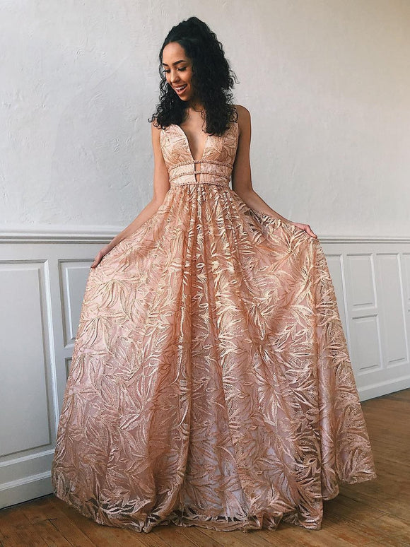 A-line V neck Pink Long Prom Dresses Lace Evening Dress SED511|Selinadress