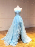 A-line Strapless Light Sky BLue Long Prom Dresses Cheap Evening Dress SED512|Selinadress
