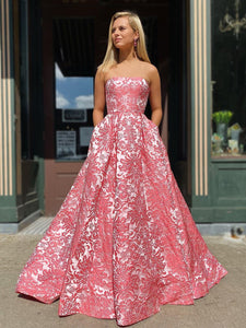A-line Strapless Pink Modest Cheap Long Prom Dresses Unique Evening Dress SED517|Selinadress