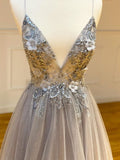 A-line Spaghetti Straps Silver Long Prom Dresses Beading Evening Dress SED519
