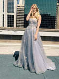 A-line Spaghetti Straps Silver Long Prom Dresses Lace Evening Dress SED520