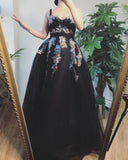 A-line Black Beautiful Long Prom Dresses Tulle Applique Evening Dress SED522