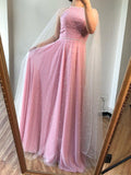 A-line Beautiful Pink Long Prom Dresses With Cloak Tulle Evening Dress SED523
