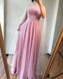 A-line Beautiful Pink Long Prom Dresses With Cloak Tulle Evening Dress SED523