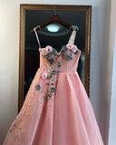 A-line One Shoulder Pink Long Prom Dresses Beautiful Floral Evening Dress SED524