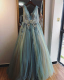 A-line V neck Ombre Blue Long Prom Dresses Beautiful Applique Evening Dress SED525