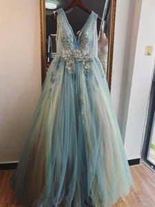 A-line V neck Ombre Blue Long Prom Dresses Beautiful Applique Evening Dress SED525