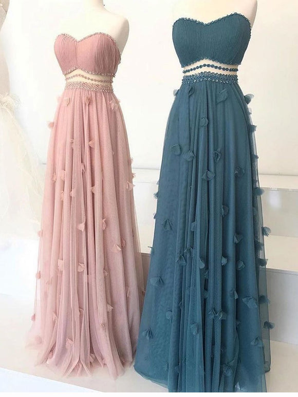 A-line Sweetheart Pink Long Prom Dresses Tulle Evening Dress SED528|Selinadress