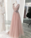 A-line V neck Pink Long Prom Dresses Tulle Evening Dress SED529|Selinadress