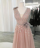 A-line V neck Pink Long Prom Dresses Tulle Evening Dress SED529|Selinadress