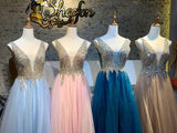 A-line V neck Pink Long Prom Dresses Beading Evening Dress SED530|Selinadress