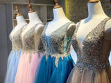 A-line V neck Pink Long Prom Dresses Beading Evening Dress SED530|Selinadress