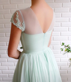 A-line Scoop Mint Green Long Prom Dresses Beading Tulle Evening Dress SED531|Selinadress