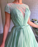 A-line Scoop Mint Green Long Prom Dresses Beading Tulle Evening Dress SED531|Selinadress