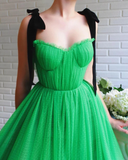 A-line Black Straps Sage Long Prom Dresses Tulle Evening Dress SED532|Selinadress