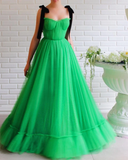 A-line Black Straps Sage Long Prom Dresses Tulle Evening Dress SED532|Selinadress