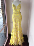 Trumpet/Mermaid Spaghetti Straps Lace Long Prom Dresses Yellow Evening Dress SED534|Selinadress
