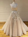 A-line Scoop Champagne Applique Long Prom Dresses Cheap Evening Dress SED539|Selinadress