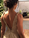 Chic A-line Gold Sparkly V neck Long Prom Dresses Evening Dress GKS204|Selinadress
