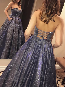 Chic A-line Dark Navy Sweetheart Sparkly Long Prom Dresses Evening Dress GKS205|Selinadress