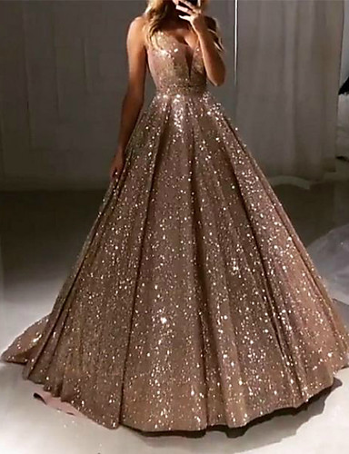 Chic A-line V neck Long Sparkly Gold Prom Dresses Evening Dress GKS207|Selinadress