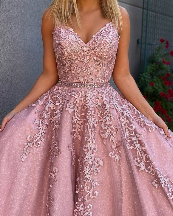 Chic A-line Two Pieces Spaghetti Straps Pink Prom Dresses Evening Dress GKS209|Selinadress