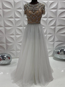Chic A-line Scoop Short Sleeve Beaded Long Prom Dresses Evening Dress GKS210|Selinadress